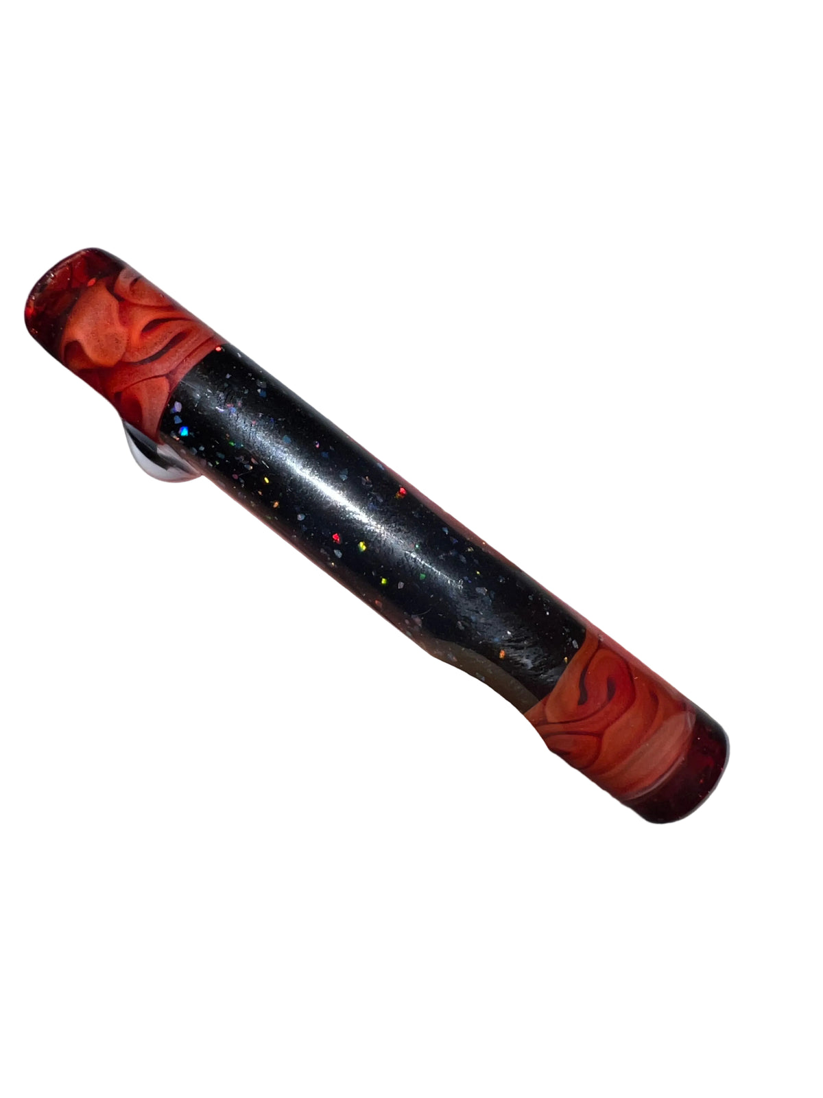 Boquilla artística de vidrio negro con opal crushed multicolor, murrina blanca y negra y extremos rojos estilo cerebro, 9 mm × 7 cm.