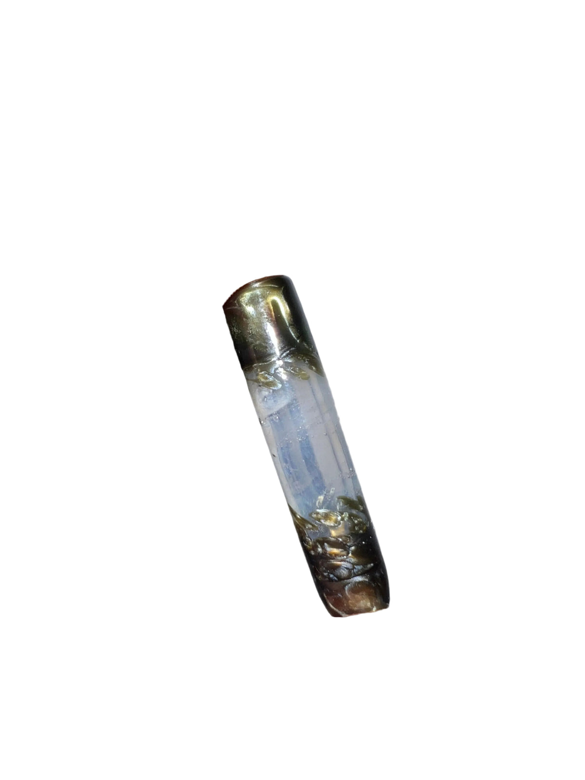 Boquilla artesanal UV Pink y Electrum de 8 mm × 4 cm con extremos oscuros y metálicos.