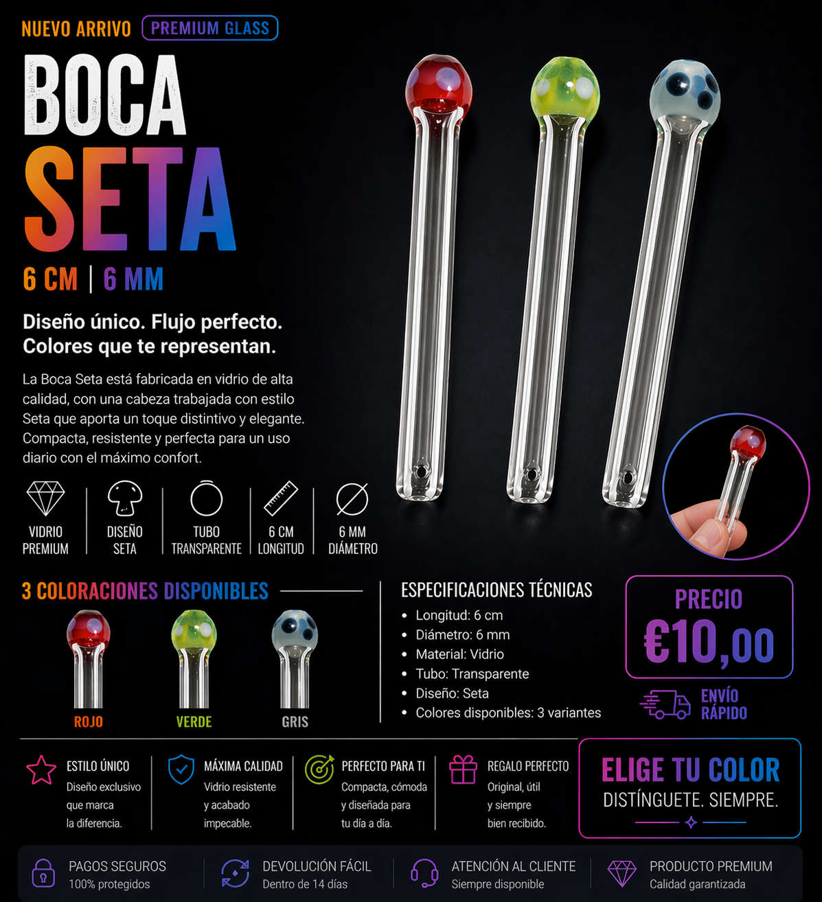 Glass tips Boca Colorada 🍄  6cm 6cm NEW COLORES
